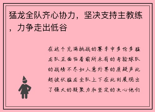 猛龙全队齐心协力，坚决支持主教练，力争走出低谷