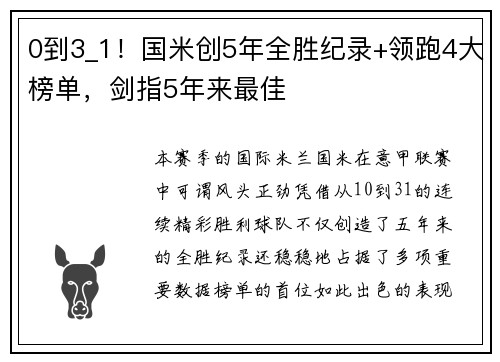 0到3_1！国米创5年全胜纪录+领跑4大榜单，剑指5年来最佳