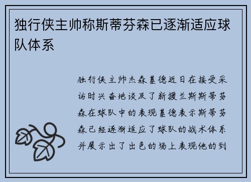 独行侠主帅称斯蒂芬森已逐渐适应球队体系