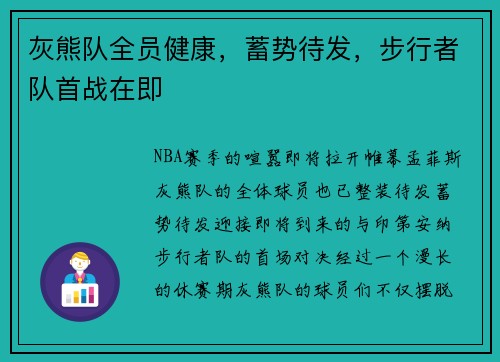 灰熊队全员健康，蓄势待发，步行者队首战在即