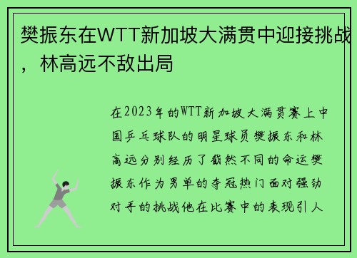 樊振东在WTT新加坡大满贯中迎接挑战，林高远不敌出局