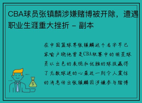 CBA球员张镇麟涉嫌赌博被开除，遭遇职业生涯重大挫折 - 副本