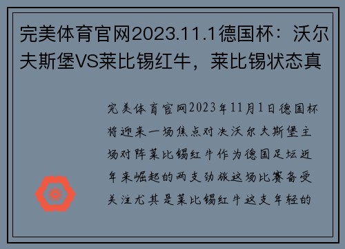 完美体育官网2023.11.1德国杯：沃尔夫斯堡VS莱比锡红牛，莱比锡状态真那